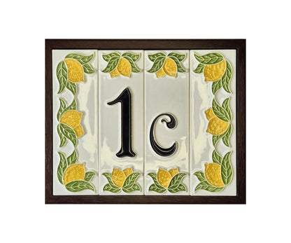 Italian hand-painted lemon ceramic house number tiles with black fonts 10 x 3.3 cm