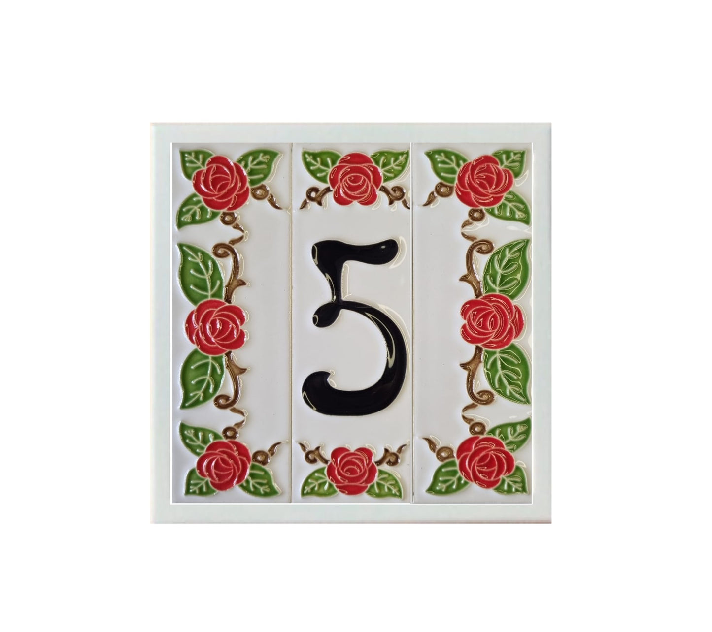 Hand-Painted Italian Ceramic House Number Tile | Red Rose Design 15 x 4.8 cm