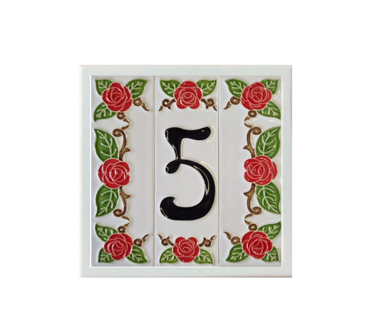 Hand-Painted Italian Ceramic House Number Tile: Red Rose Design 15 x 4.8 cm