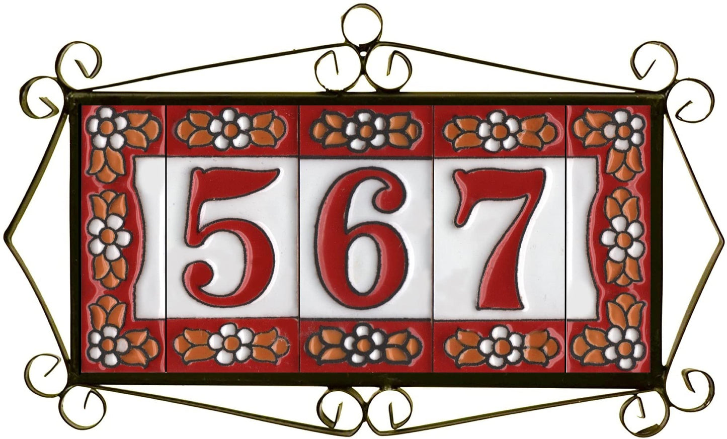 Ceramic House Tile Numbers & Letters, Red Floral Design, Tile Size: 7.5cm x 3.5cm, 2 to 10 Tile Frames