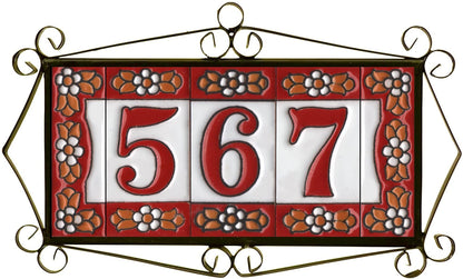 Ceramic House Tile Numbers & Letters, Red Floral Design, Tile Size: 7.5cm x 3.5cm, 2 to 10 Tile Frames