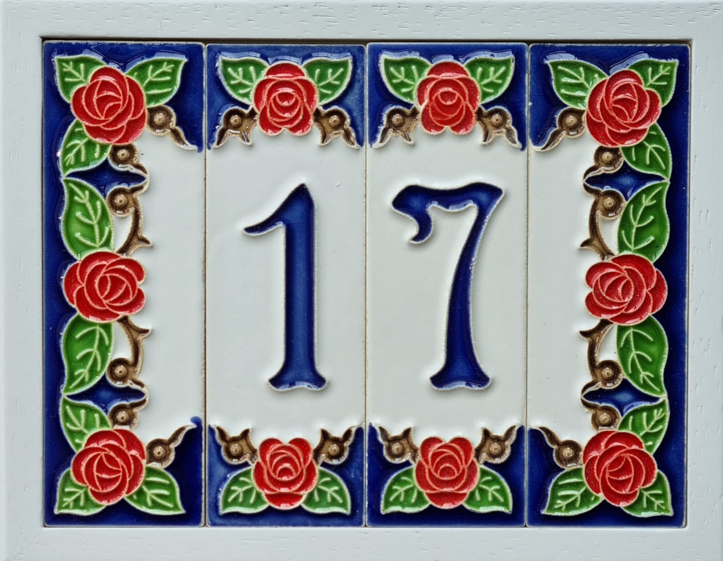 Hand-painted Italian Red Rose Ceramic House Numbers Tiles, Letters 15 x 4.8cm & Frames