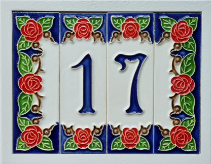 Hand-painted Italian Red Rose Ceramic House Numbers Tiles, Letters 15 x 4.8cm & Frames