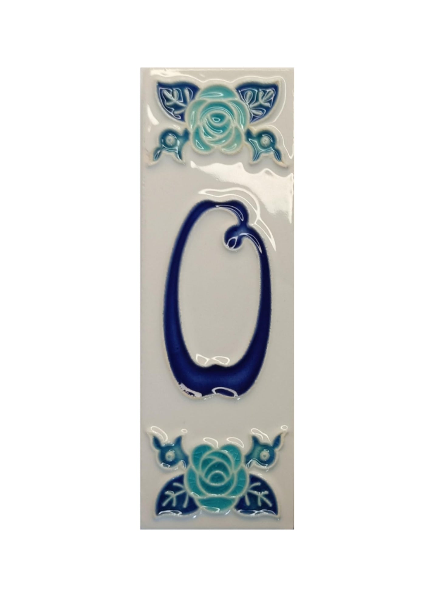 Italian hand-painted blue rose ceramic house number tiles 15 x 4.8cm