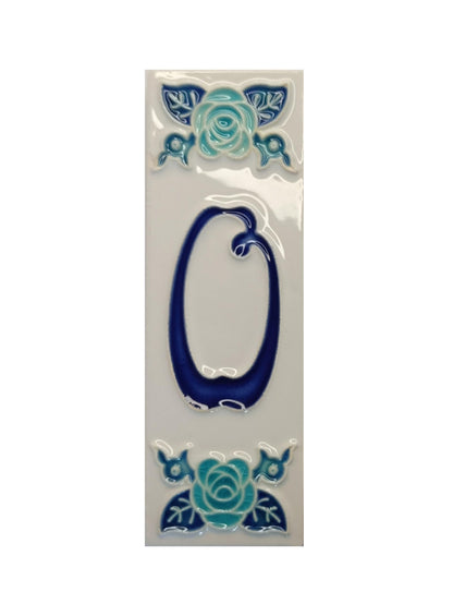Italian hand-painted blue rose ceramic house number tiles 15 x 4.8cm