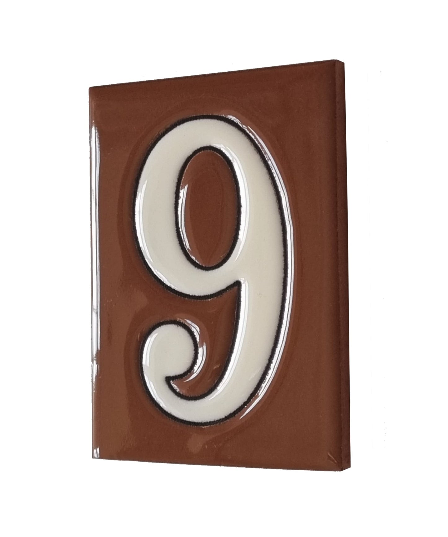 Hand-Painted Cerami House Number Tiles 10 x 7.5cm Costa Brown & White Design