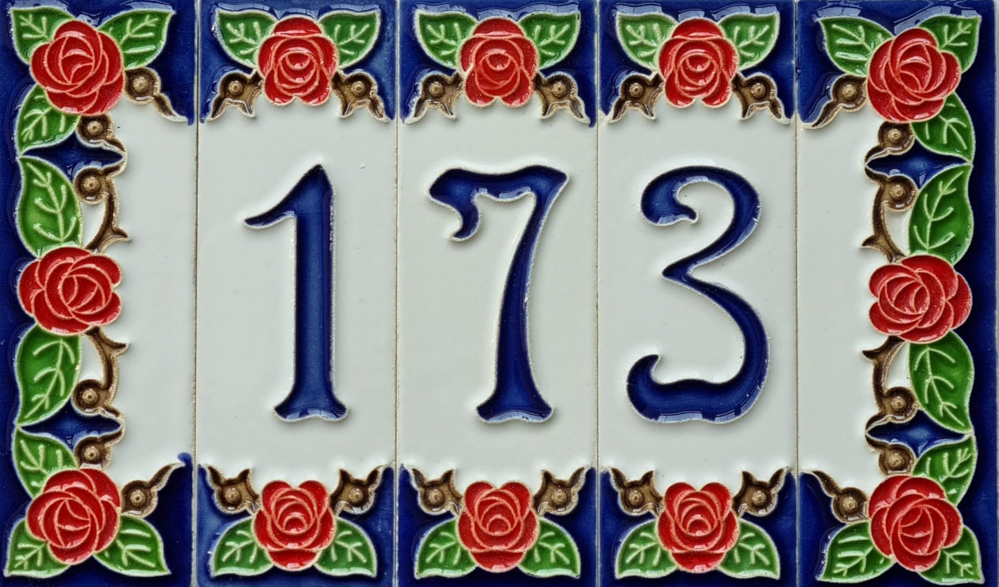 Hand-painted Italian Red Rose Ceramic House Numbers Tiles, Letters 15 x 4.8cm & Frames