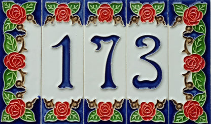 Hand-painted Italian Red Rose Ceramic House Numbers Tiles, Letters 15 x 4.8cm & Frames