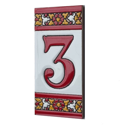 Spanish Floral Roja Ceramic House Number Tiles 11 x 5.5 cm