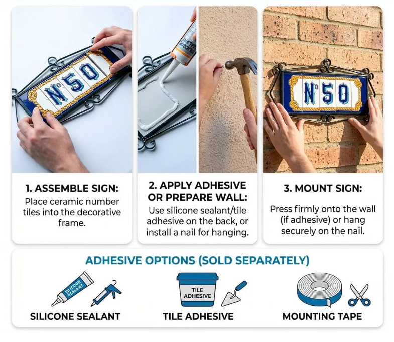 Hand-painted Jacho Midnight Blue Ceramic Number Tiles 11 x 5.5cm & Metal Frames