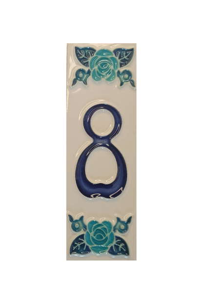 Italian Ceramic Blue Rose House Number Tiles 10 x 3.3cm | Hand-painted Numbers |