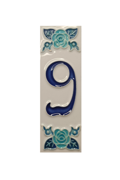 Italian Ceramic Blue Rose House Number Tiles 10 x 3.3cm | Hand-painted Numbers |