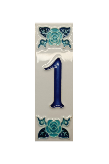 Italian Ceramic Blue Rose House Number Tiles 10 x 3.3cm | Hand-painted Numbers |