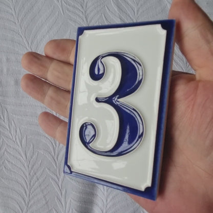 Hand-painted Italian-styled Blue and White Ceramic House Numbers Tiles 11 x 7 cm
