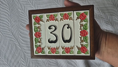 Hand-Painted Italian Ceramic House Number Tile | Red Rose Design 15 x 4.8 cm