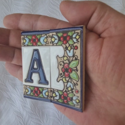 Hand-painted mini-cherry house number & letter tiles 7.5 x 3.5 cm