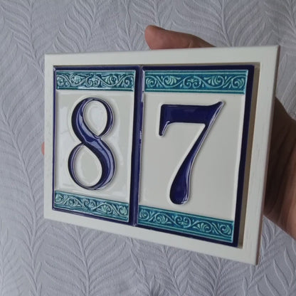 Hand-painted Italian Greek-styled house number tiles 11 x 7cm