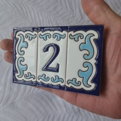 Blue & White Mini-house Ceramic Number Tiles 7.5 x 3.7cm | Optional frames | MD-04