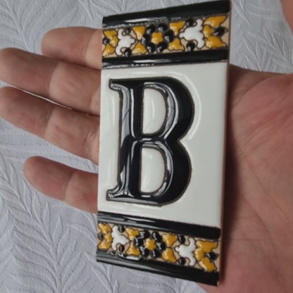 Hand-Painted Black Floral Ceramic House Number Tiles 11 x 5.5cm