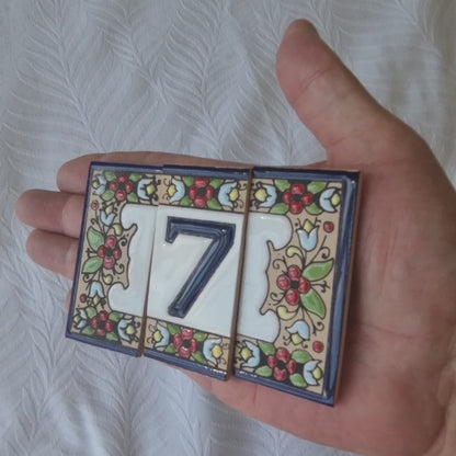 Hand-painted mini-cherry house number & letter tiles 7.5 x 3.5 cm