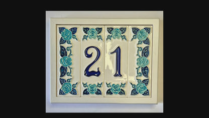 Italian hand-painted blue rose ceramic house number tiles 15 x 4.8cm