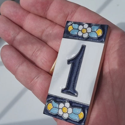 Ceramic House Numbers & Letters Tiles | Mini-Blue Floral Design 7.5 x 3.5cm