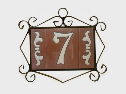 Hand-Painted Cerami House Number Tiles 10 x 7.5cm Costa Brown & White Design
