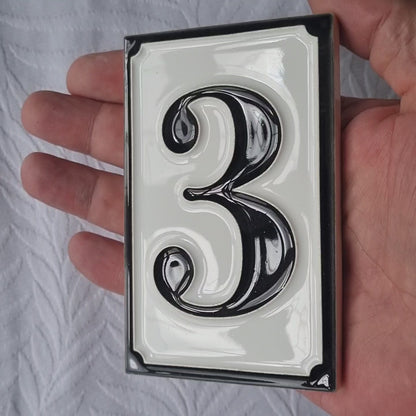 Hand-painted Italian-styled Black and White Ceramic House Number Tiles 11 x 7 cm