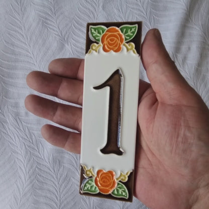Italian Orange Rose Hand-painted Ceramic House Number Tiles 15 x 4.8cm