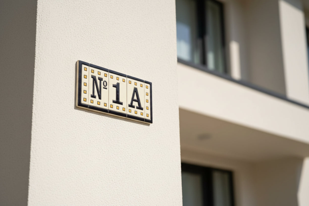 Decorative tile sign with 'No. 1 A' on a white background