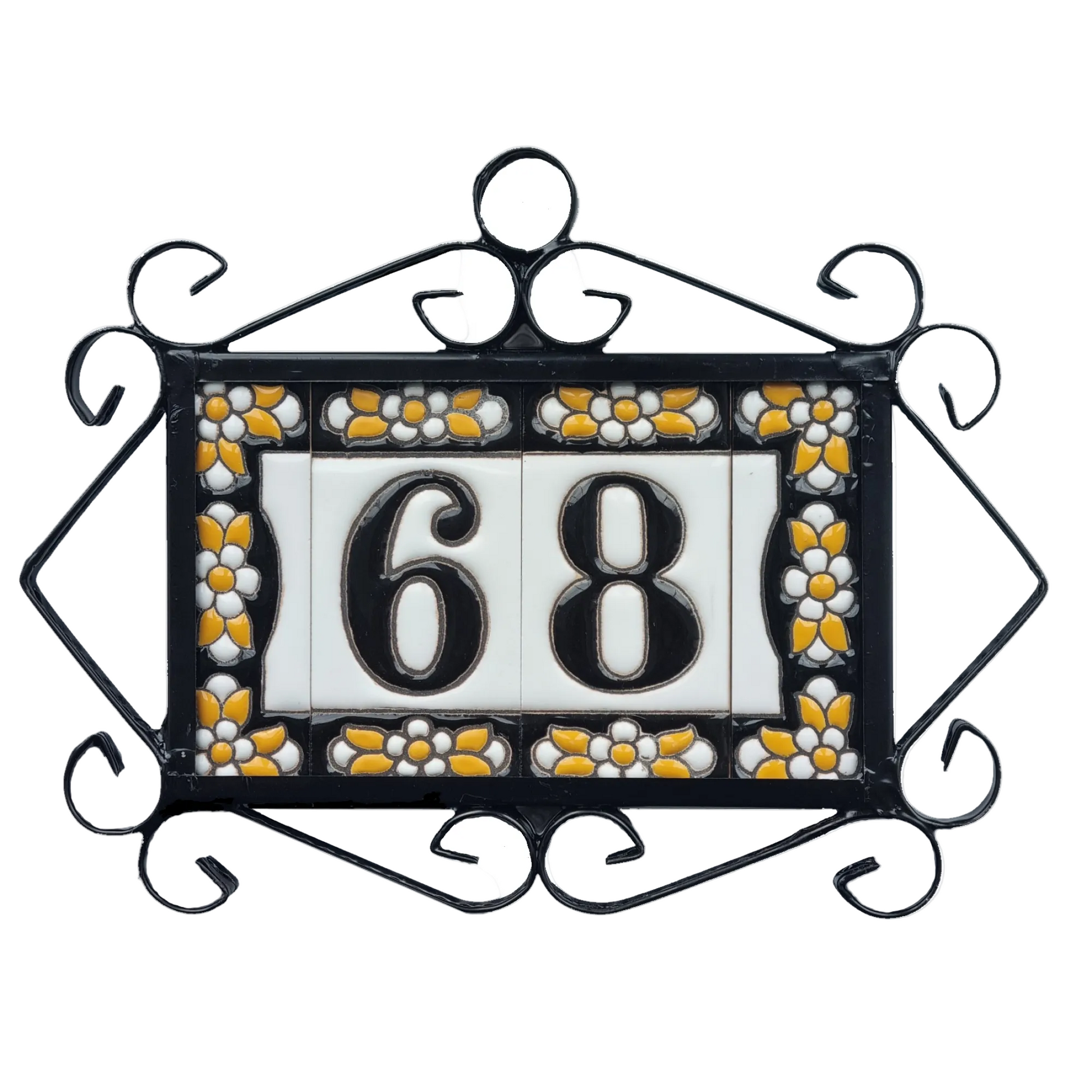 Decorative house number sign with '68' in a floral frame on a white background