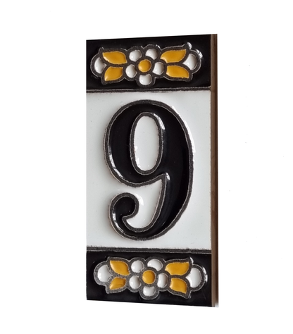 Mini-Floral Hand-painted Ceramic Black Number Tiles 7.5 x 3.5 cm & Metal Frames