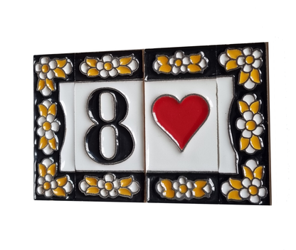 Mini-Floral Hand-painted Ceramic Black Number Tiles 7.5 x 3.5 cm & Metal Frames