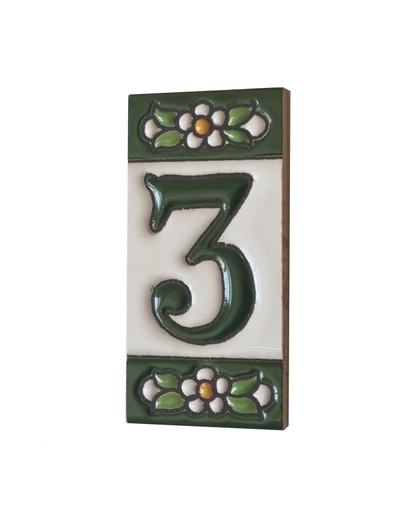 Spanish Ceramic Floral Green Mini House Number Tiles 7.5 x 3.5cm & Metal Filigree Frames