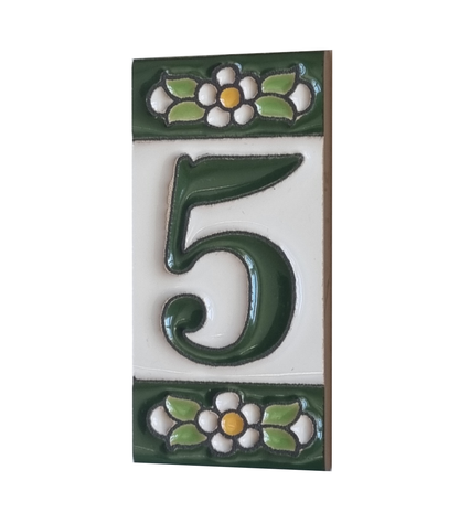 Spanish Ceramic Floral Green Mini House Number Tiles 7.5 x 3.5cm & Metal Filigree Frames