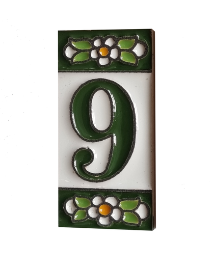 Spanish Ceramic Floral Green Mini House Number Tiles 7.5 x 3.5cm & Metal Filigree Frames