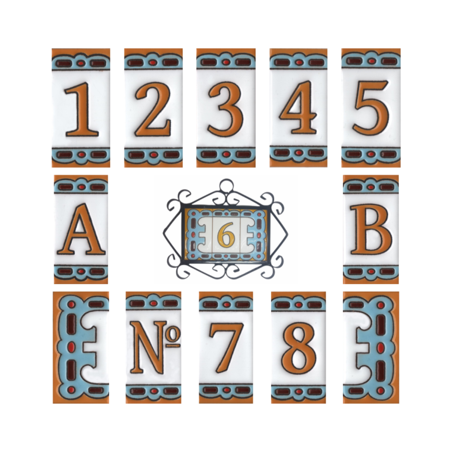 Hand-painted MA-01 Ceramic Blue & Orange Number Tiles | 7.5 x 3.7cm | Metal Frames