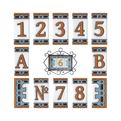 Hand-painted MA-01 Ceramic Blue & Orange Number Tiles | 7.5 x 3.7cm | Metal Frames